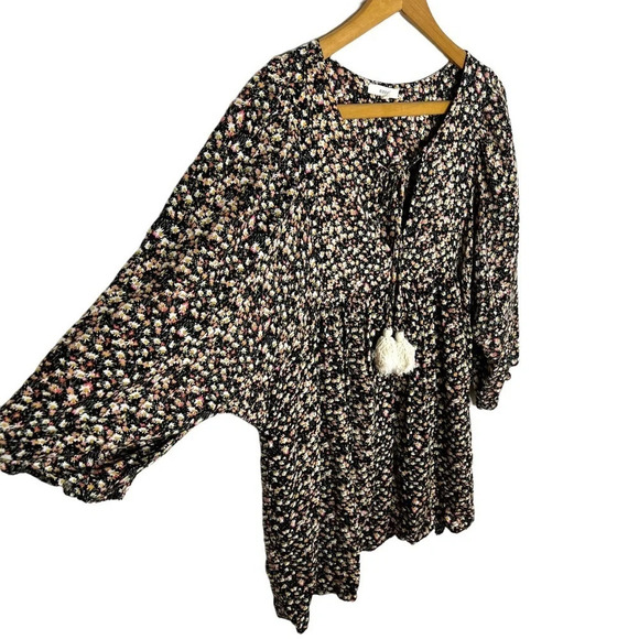 EASEL Micro Floral Print Boho Cottagecore Tunic Tassel Tie Front Blouse - Picture 3 of 10
